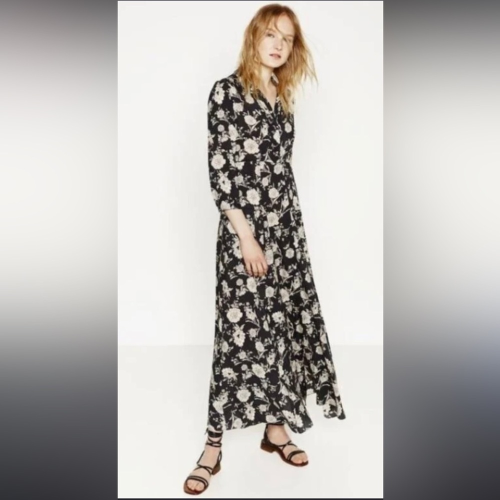 Zara Black Floral Maxi Skirt with Cream Blooms